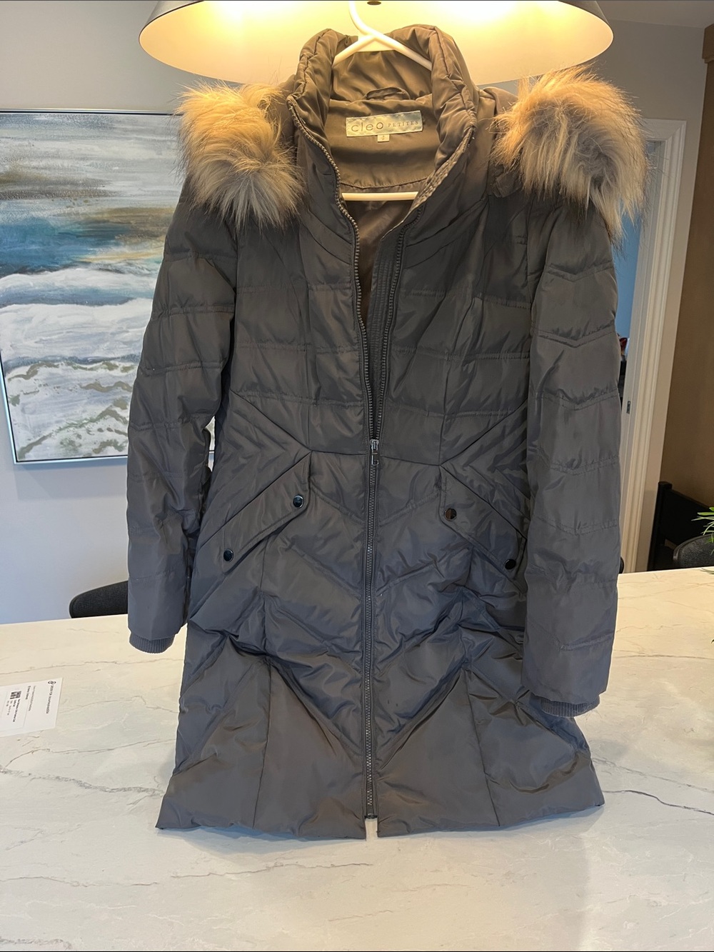 cleo Women's Dark Gray Long Puffer Coat with Faux Fur Hood Trim